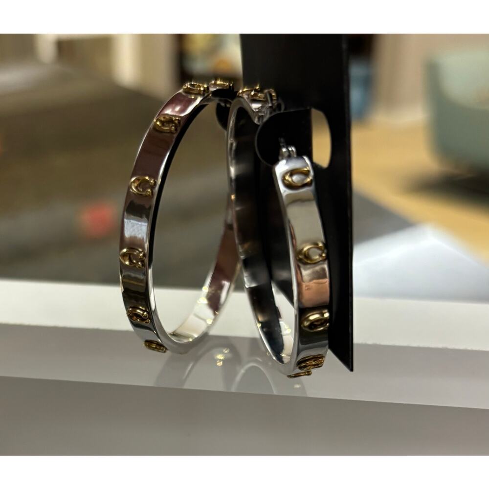 Coach Signature Logo Two-Tone Hoop Earrings – Silver & Gold C Motif